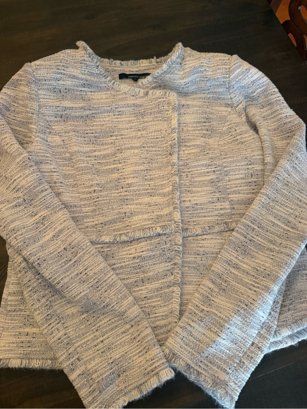 Amanda & Chelsea Light Blue and Cream Tweed Fringe-Trim blazer jacket